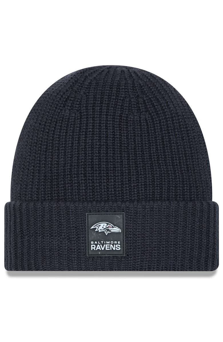 New Era Men's New Era Charcoal Baltimore Ravens 2025 Sideline Cold Weather Cuffed Knit Hat, Main, color, Charcoal