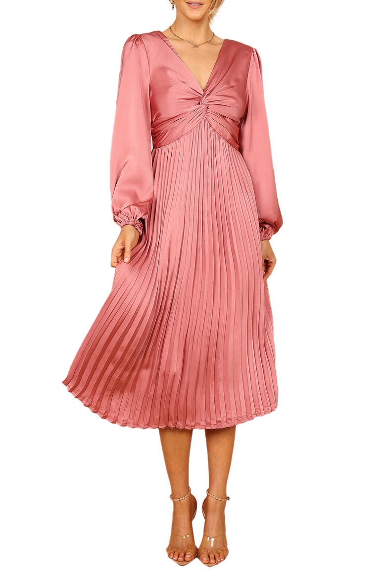 pleated satin dress with sleeves Petal and Pup Women's Noelle Twist Front Pleated Midi Dress