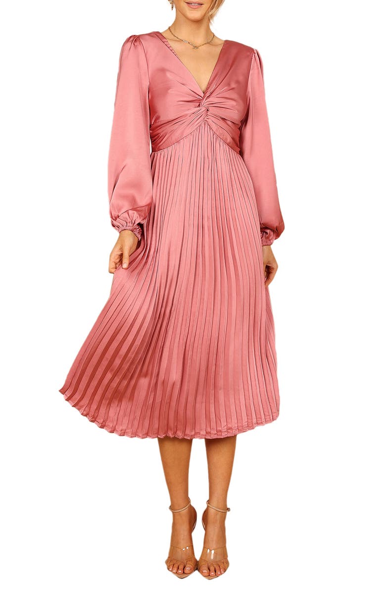 Petal & Pup Noelle Long Sleeve Pleated Satin Midi Dress, Main, color, Blush