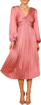 Petal & Pup Noelle Long Sleeve Pleated Satin Midi Dress