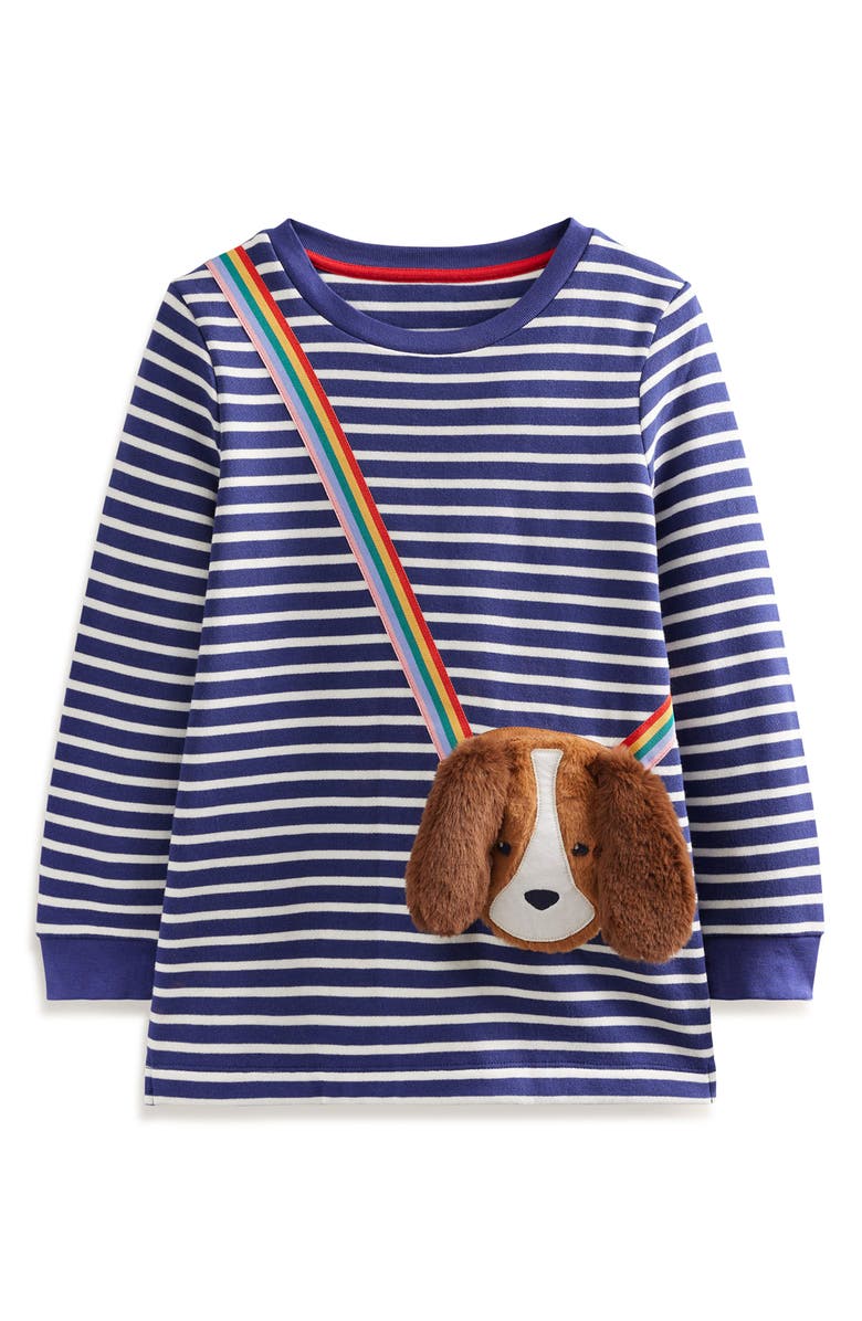 Mini Boden Kids
 Stripe Puppy Pocket Appliqué Long Sleeve T-Shirt, Main, color, 