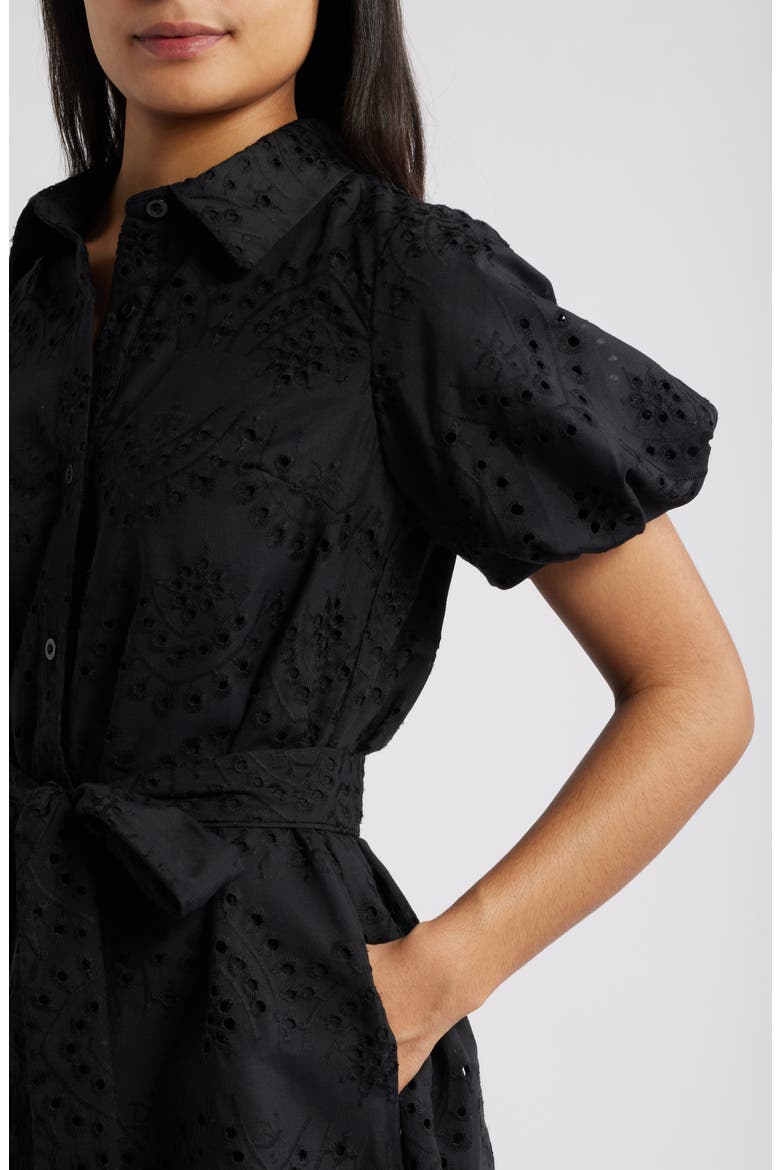 Puff Sleeve Eyelet Shirtdress, Alternate, color, BLACK