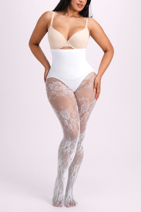 High Waist Floral Lace Tummy Smoothing Sheer Shaping Tights