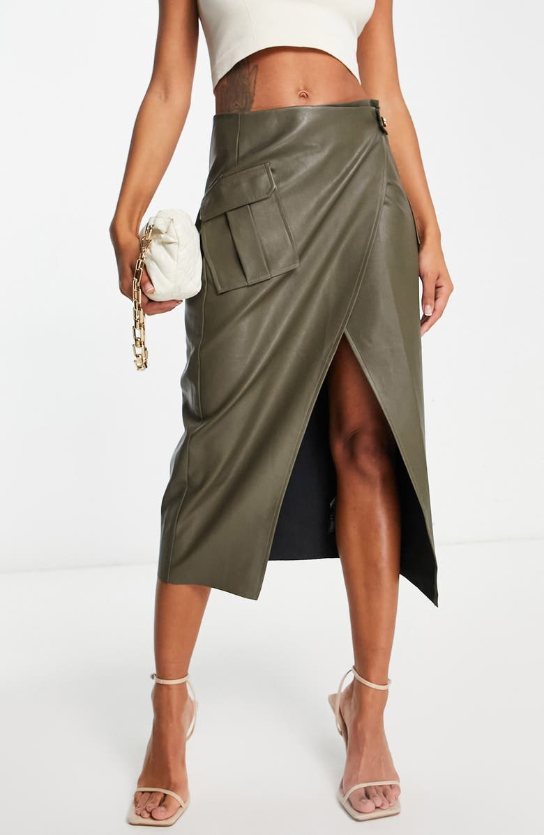 ASOS DESIGN Faux Leather Cargo Skirt, Main, color, Khaki