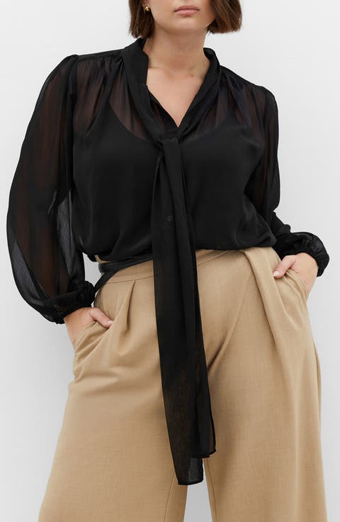 Seline Tie Neck Chiffon Shirt (Plus)