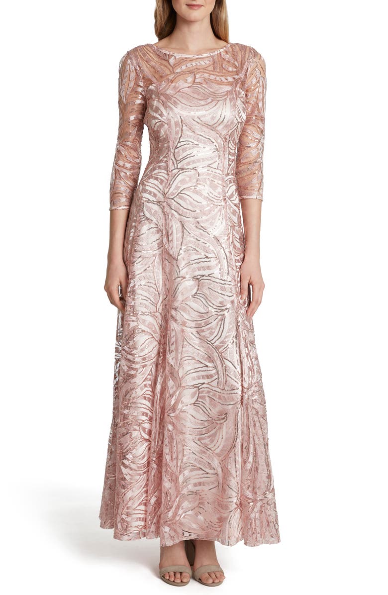 Tahari Embroidered Sequin A-Line Gown, Main, color, Petal Pink