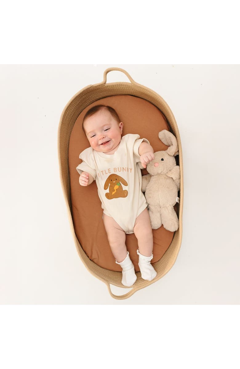 Sweet Wink Little Bunny Patch Easter Short Sleeve Romper, Alternate, color, Natural