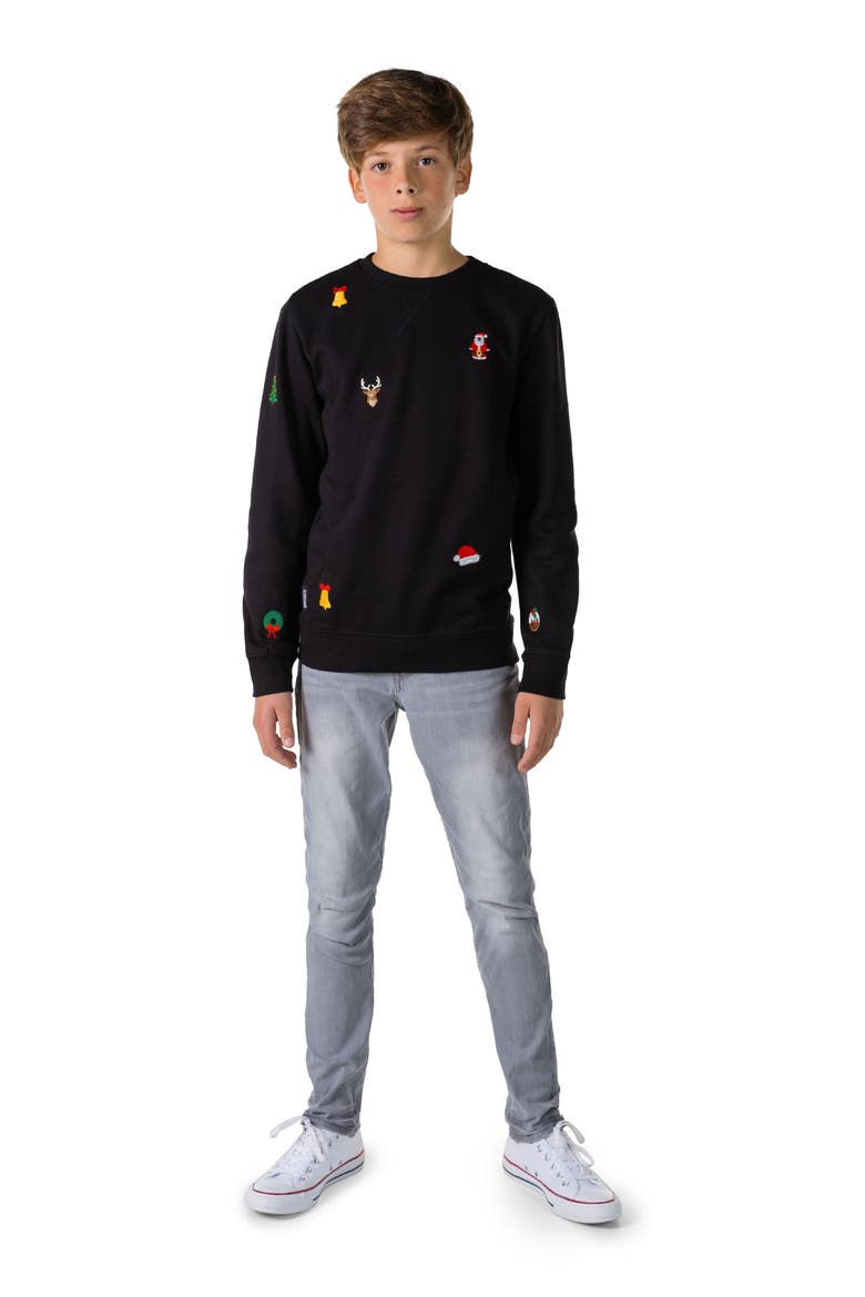 Kids' Deluxe Embroidered X-Mas Icons Sweater, Alternate, color, BLACK