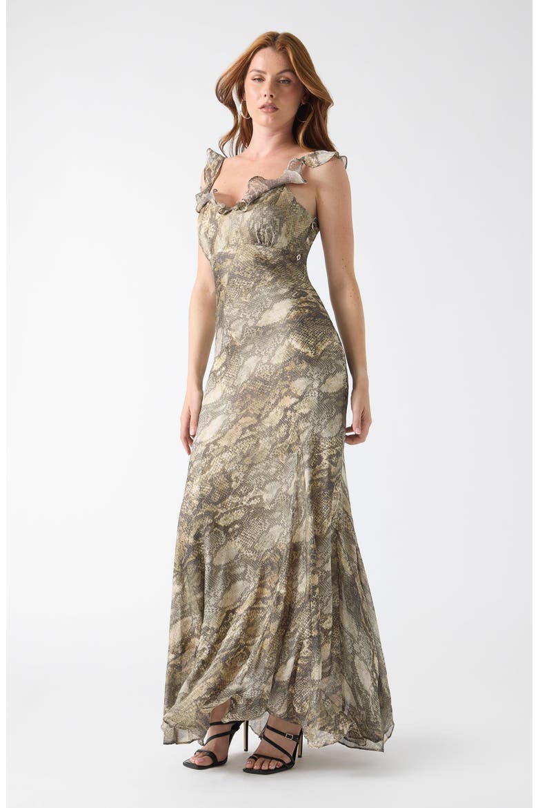 Emy Snake Print Ruffle Maxi Dress, Alternate, color, NATURAL