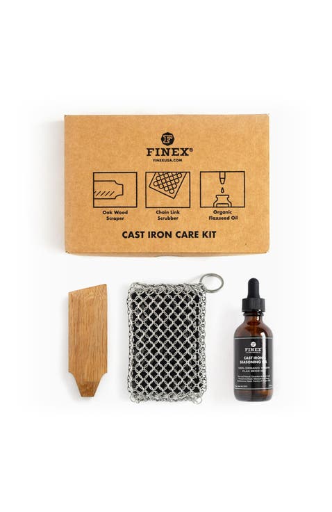 3-Piece Cast Iron Care Kit with Organic Flaxseed Oil Oak Scraper Chain Scrubber