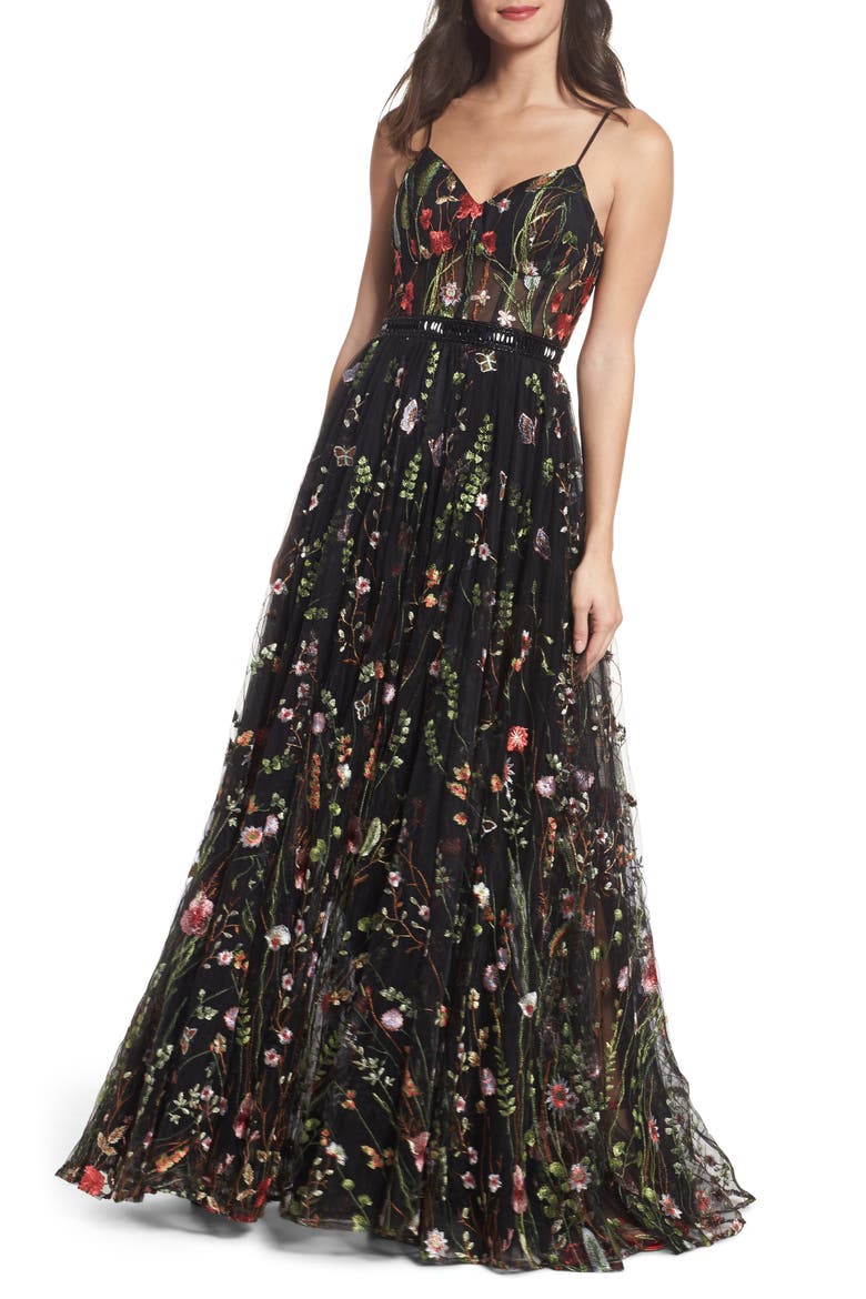 Embroidered Mesh Bustier Gown, Main, color, BLACK/MULTI