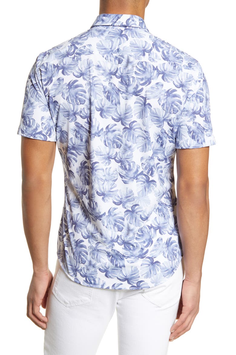 Robb Slim Fit Palm Print Short Sleeve Button-Up Performance Shirt, Alternate, color, NAVY
