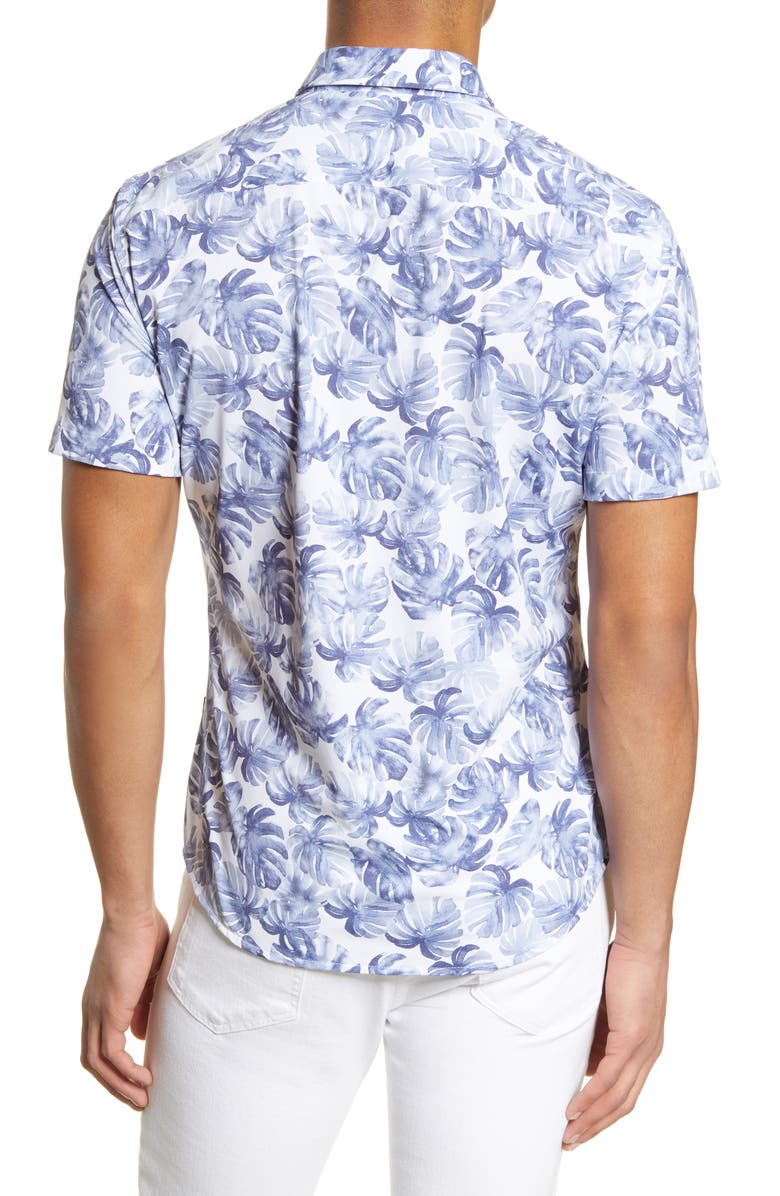 BOSS Robb Slim Fit Palm Print Short Sleeve Button-Up Performance Shirt, Alternate, color,