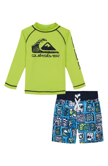 Quiksilver Little And Toddler Boys Long Sleeve Rashguard And Printed Boardshorts, 2 Piece Set In Green