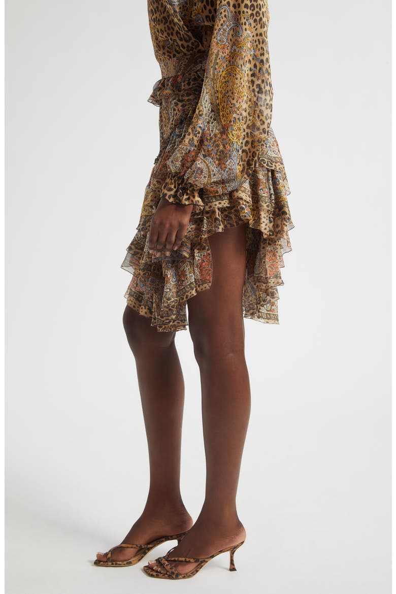 Paisley Leopart Spot Tiered High-Low Silk Miniskirt, Alternate, color, DARK BROWN