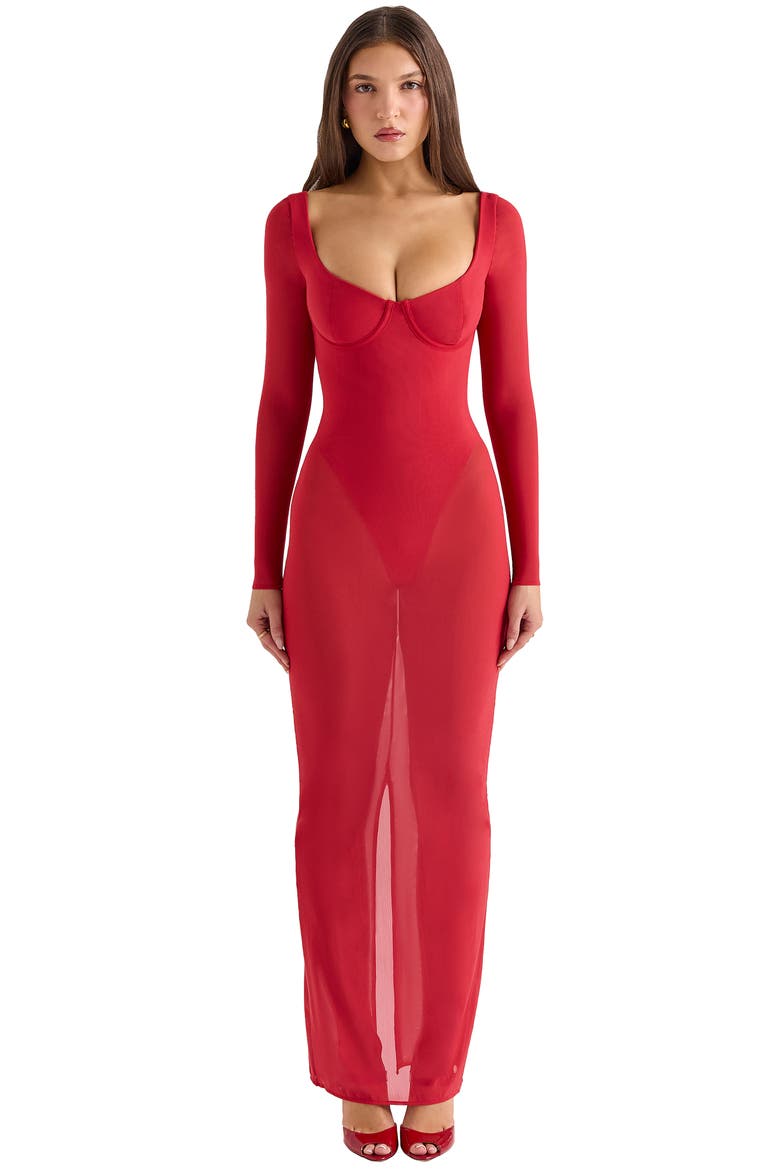 Everly Corset Long Sleeve Gown, Alternate, color, HAUTED RED