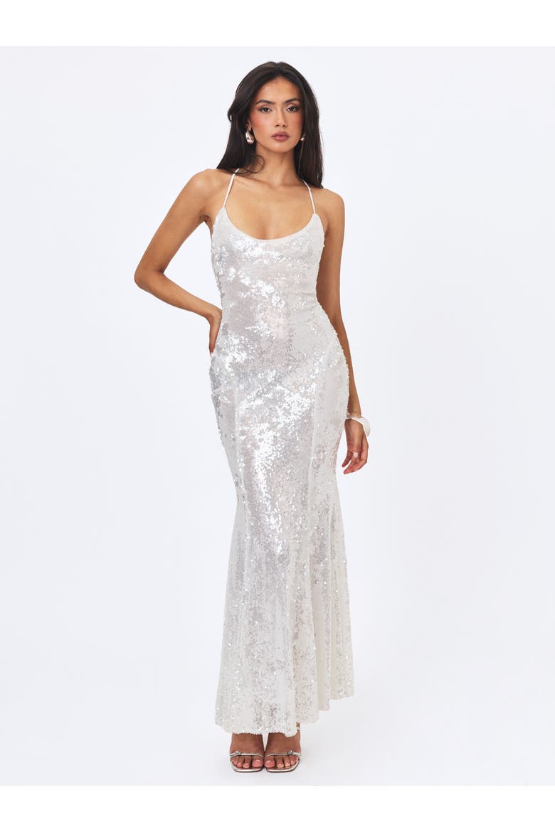 Cameron White Sequin Scoop Neck Mermaid Maxi Dress, Alternate, color, White