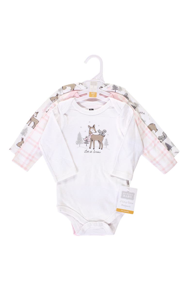 Hudson Baby Essential All-Cotton Long-Sleeve Bodysuit Triple Pack, Alternate, color, Winter Forest