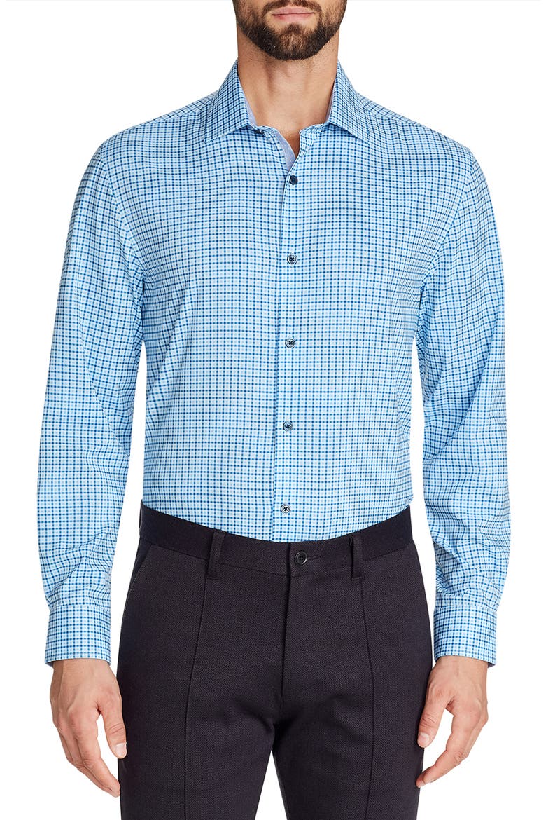 Trim Fit Check Performance Stretch Dress Shirt, Main, color, BLUE