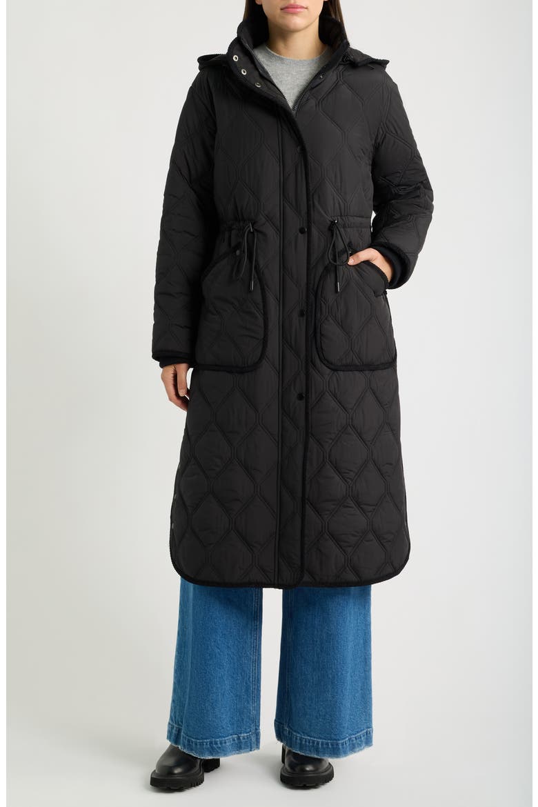 Hooded Diamond Quilted Long Coat, Main, color, BLACK