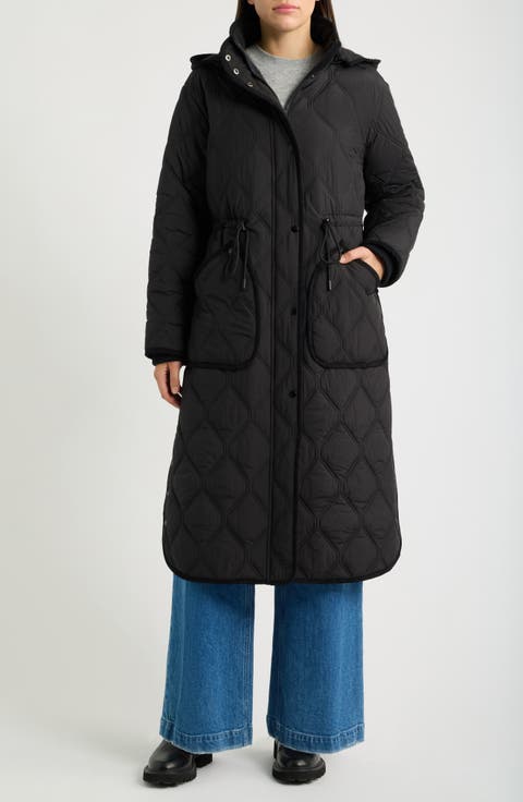 Hooded Diamond Quilted Long Coat