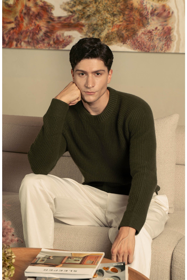 Aidan Chunky Cashmere Crewneck Sweater, Alternate, color, Olive