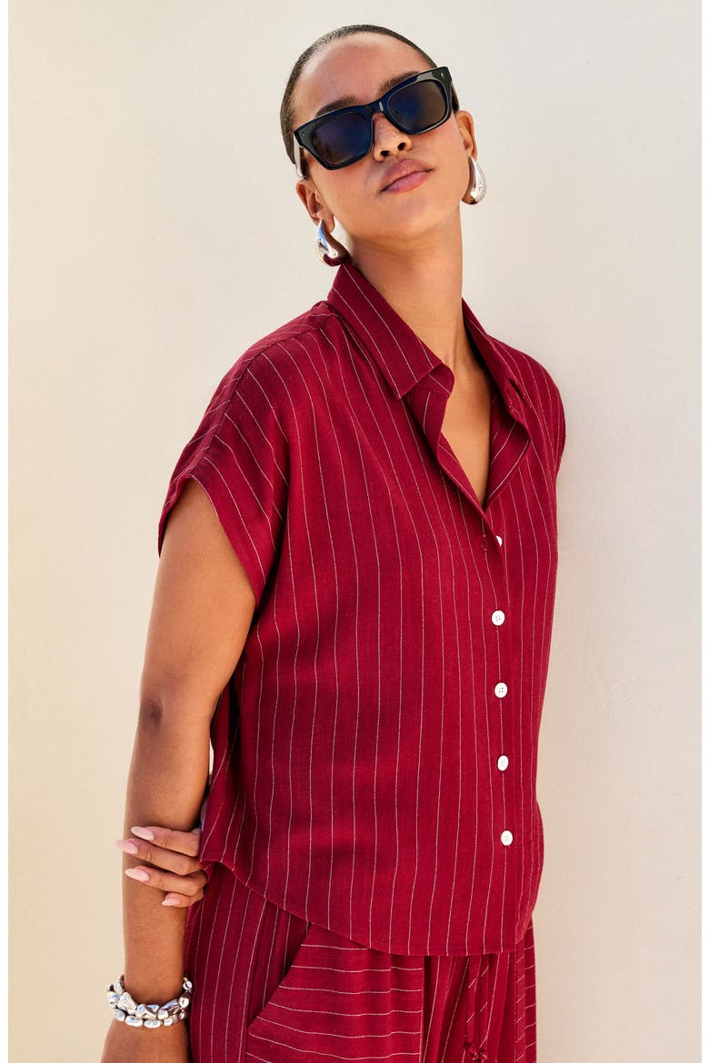 Collette Pinstripe Button-Up Shirt, Alternate, color, BURGUNDY
