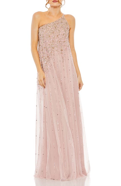 Mac Duggal One Shoulder Embellished Trapeze A Line Gown In Porcelain Gold