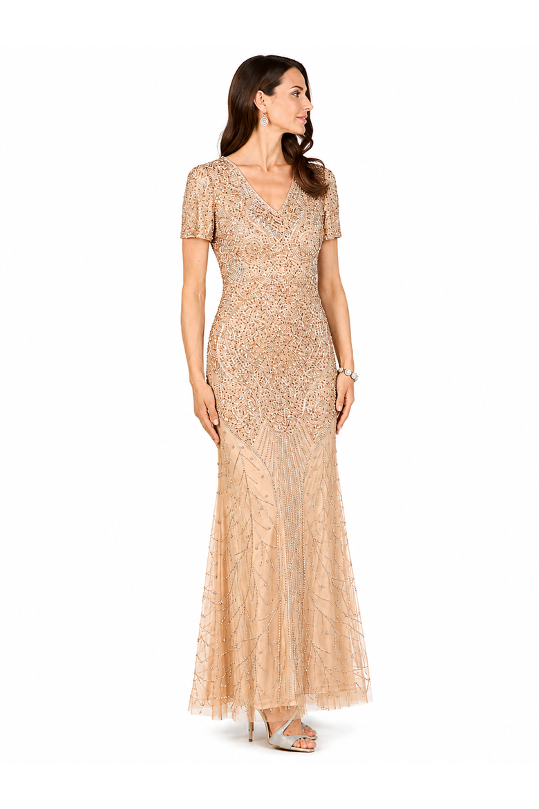 Short Sleeve Sheath Beaded Gown, Alternate, color, Nude