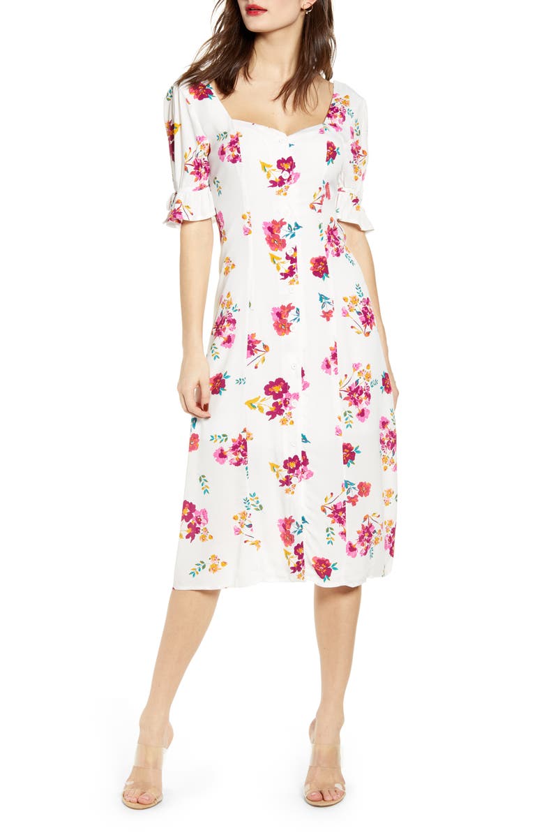 Row A Floral Print Front Button Midi Dress, Main, color, 