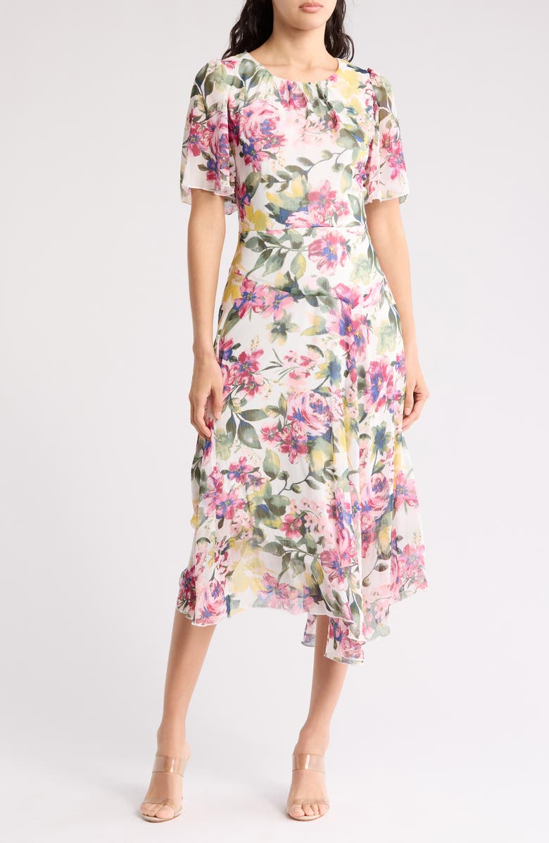 Connected Apparel Butterfly Sleeve Chiffon Dress, Main, color, White