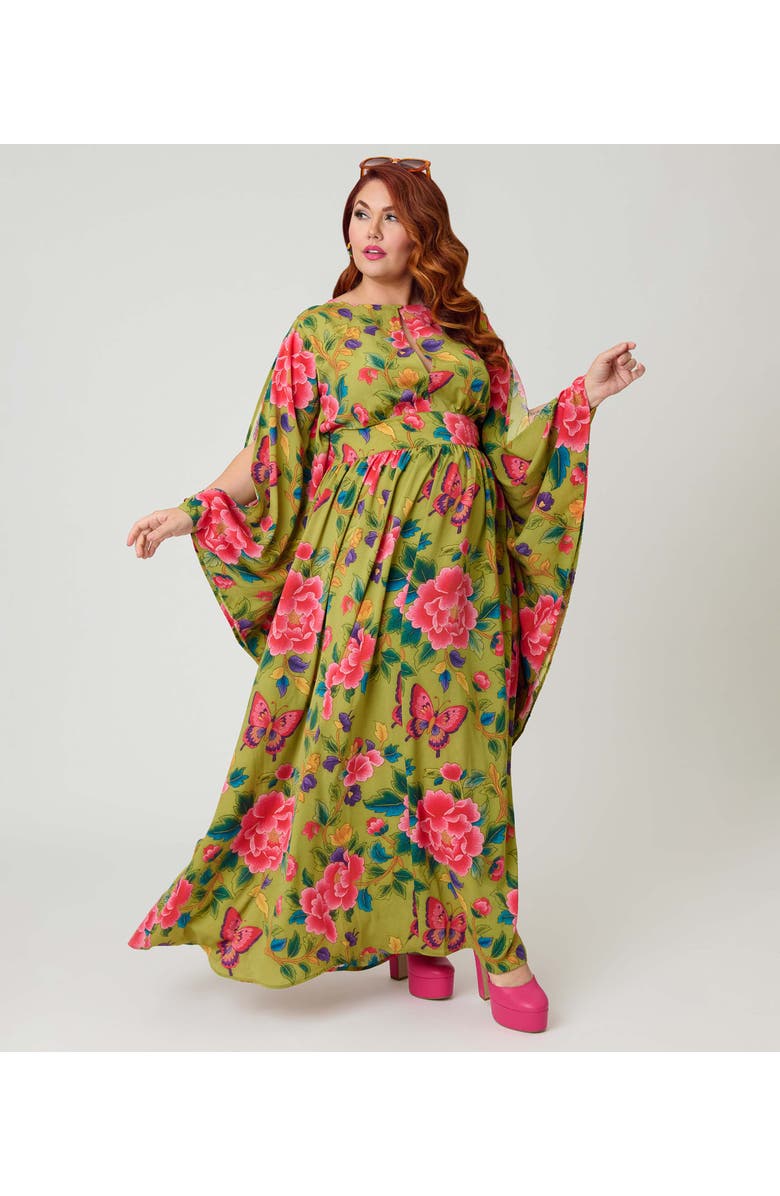 Unique Vintage Plus Size 1960s Flutter Sleeve Caftan, Main, color, Green W/ Butterfly Print