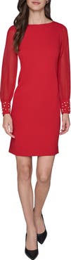 KARL LAGERFELD PARIS Faux Pearl Cuff Long Sleeve Scuba Crepe Sheath Dress
