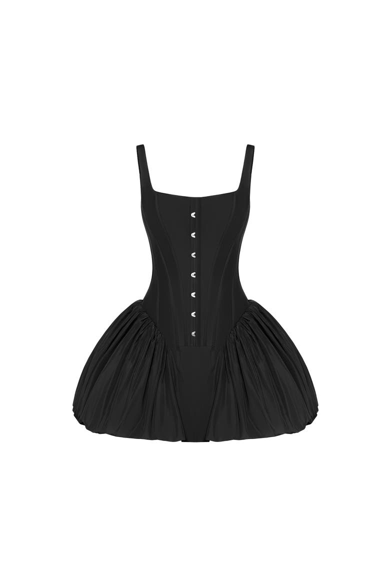 Structured Corset Formal Occasion Mini Dress in Black Taffeta, Alternate, color, Black