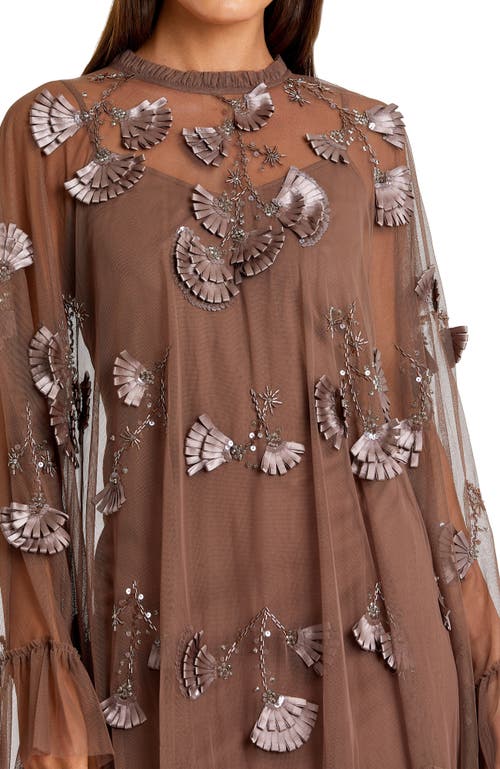 Mac Duggal Embellished Long Flare Sleeve Mesh A-line Dress In Chocolate