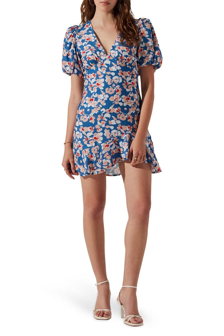 Floral Puff Sleeve Cutout Dress, Main, color, BLUE PINK FLORAL