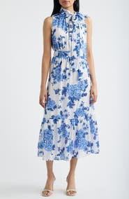 Anne Klein Floral Stripe Mock Neck Midi Dress