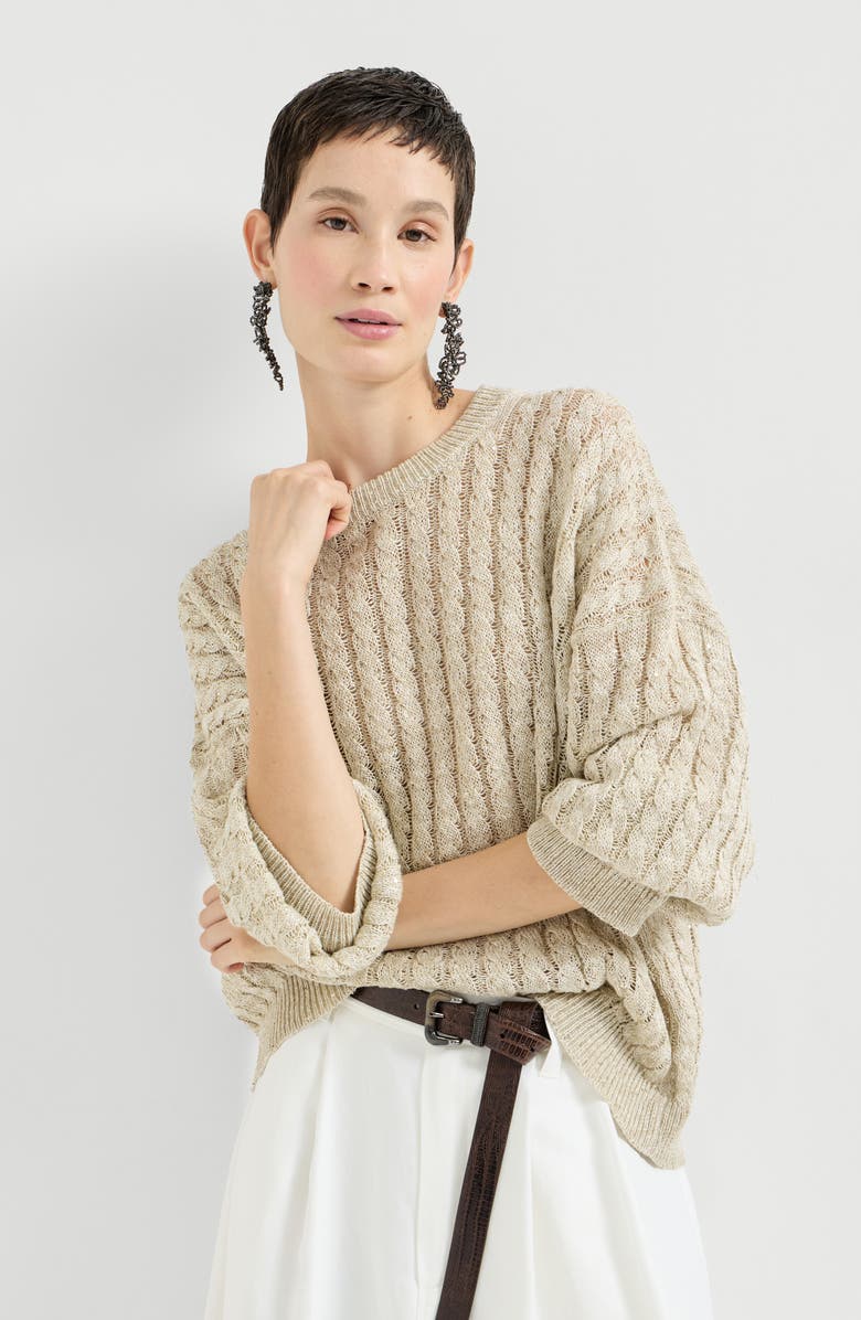 Brunello Cucinelli Dazzling Cable sweater, Alternate, color, Beige