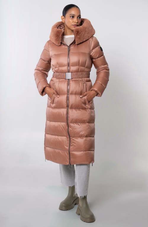 The Recycled Planet Company Lexi Water Resistant Hooded Nylon Down Puffer Coat With Faux Fur Trim In Brown