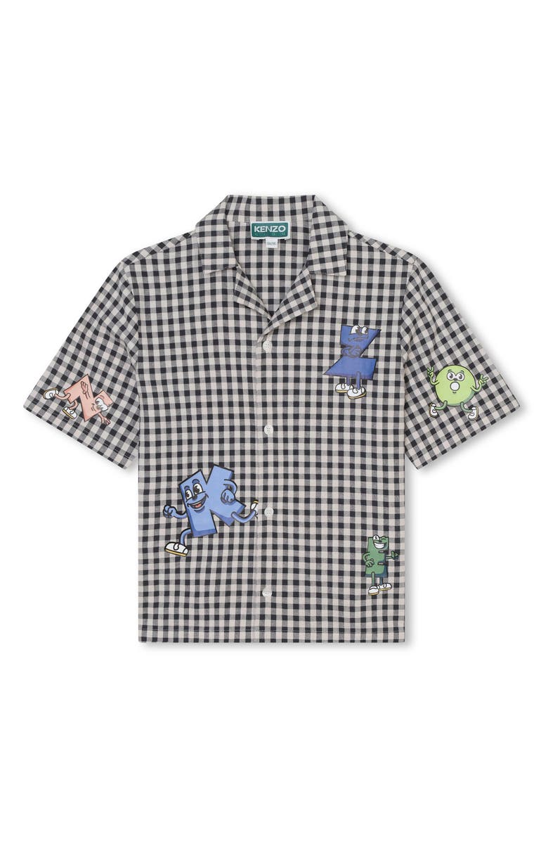 KENZO Kids' Gingham Short Sleeve Graphic Button-Up Shirt, Main, color, 