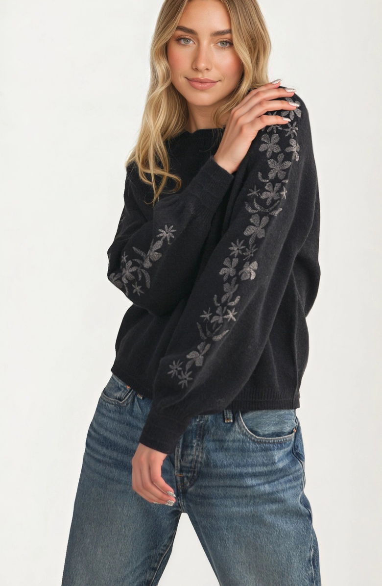 Knit and Lounge Floral Embroidered Sleeve Sweater, Alternate, color, 