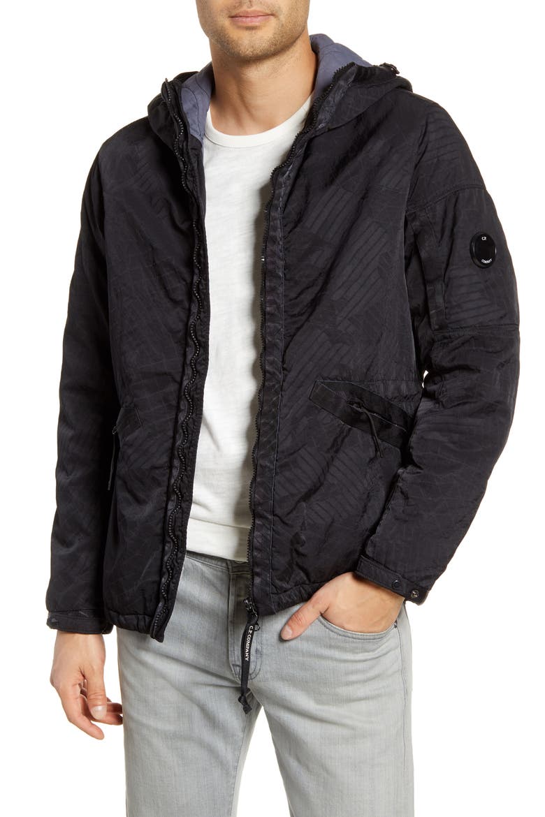 Embossed Water Resistant Hooded Nylon Jacket, Main, color, EBONY