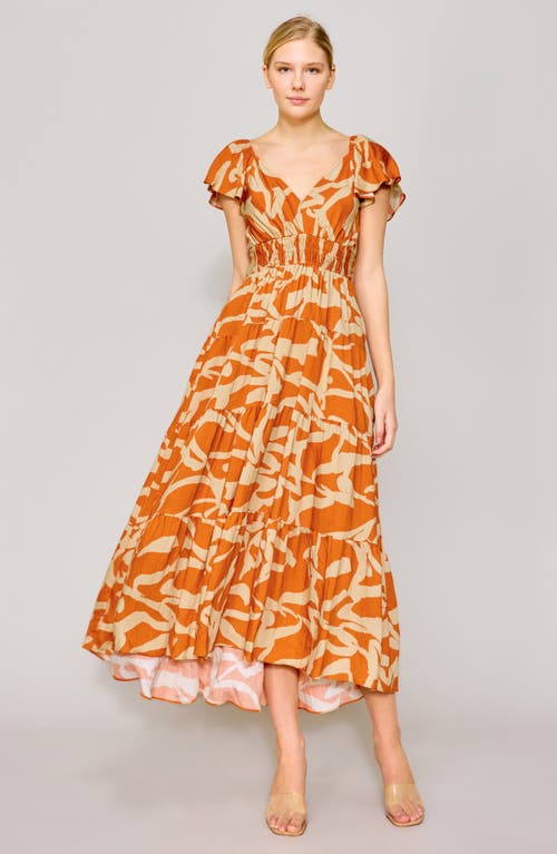 Melloday Printed Smocked Waist Maxi Sundress In Orange Ivory