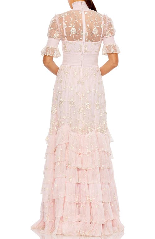 Mac Duggal Embroidered Floral Tiered Smock Neck Gown In Rose Pink