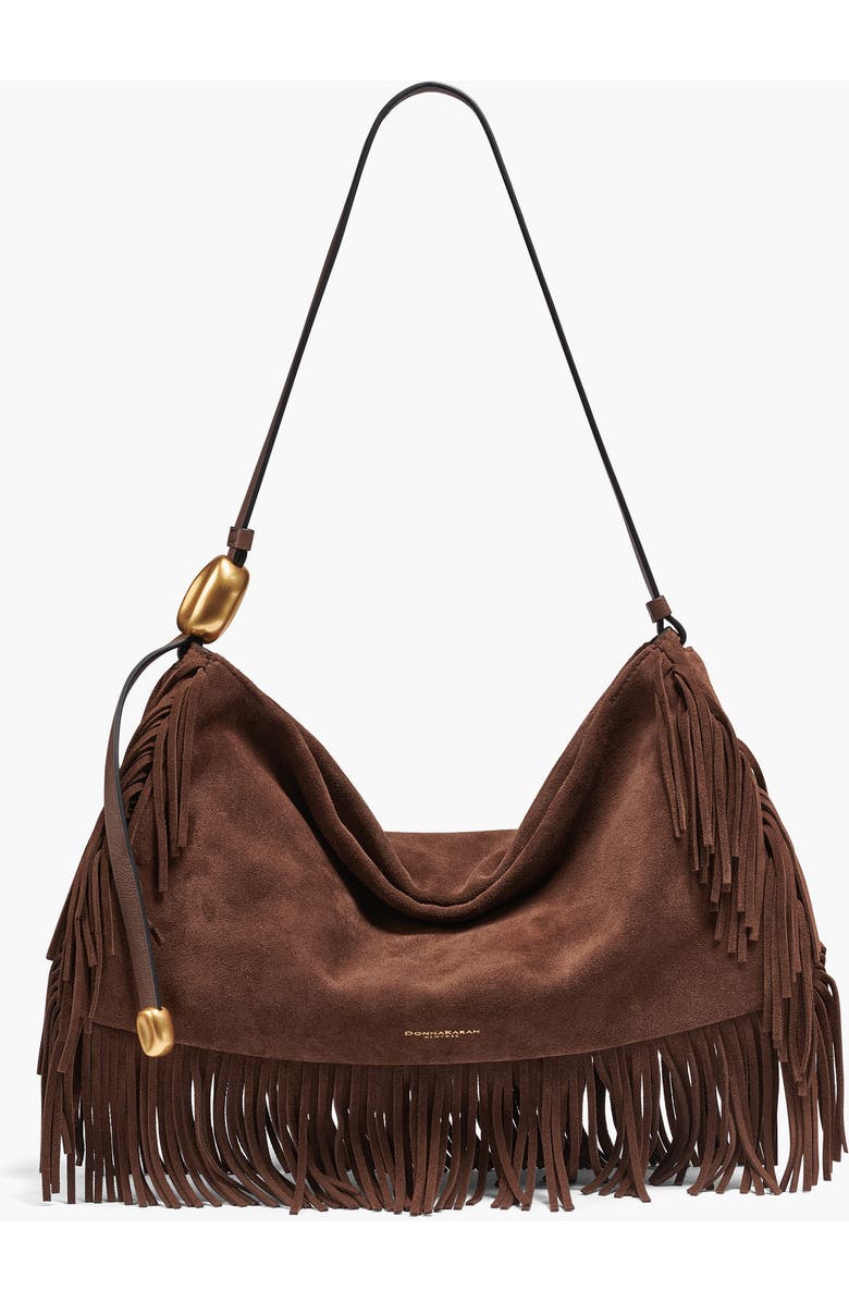 Donna Karan New York Velvet Suede Fringe Large Shoulder, Main, color, Chocolate