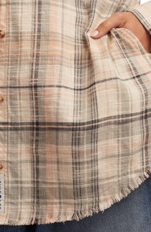 Lucky Brand Frayed Plaid Button-up Tunic Shirt In Neutral