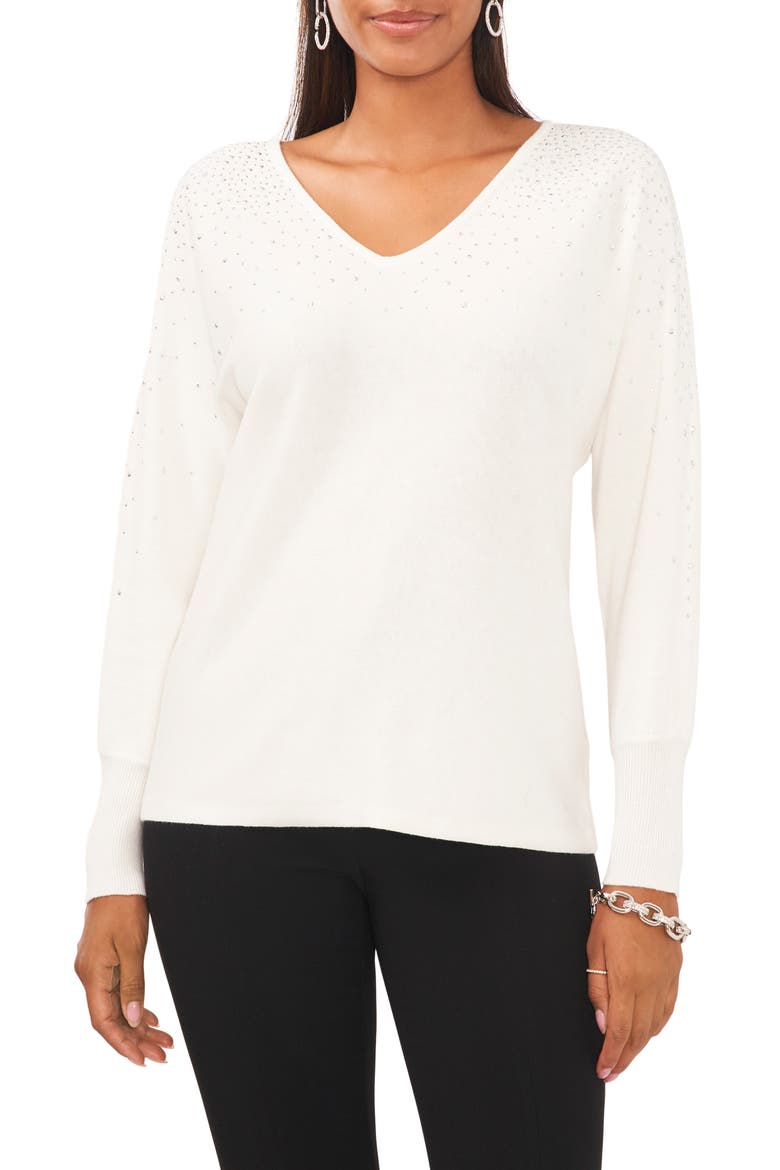 Bling V-Neck Sweater, Main, color, ANTIQUE WHITE
