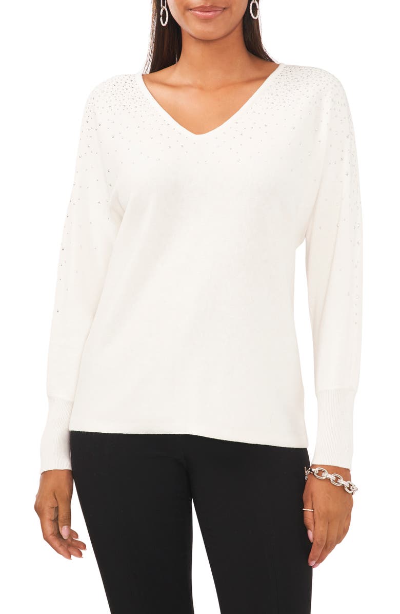 Chaus Bling V-Neck Sweater, Main, color, Antique White