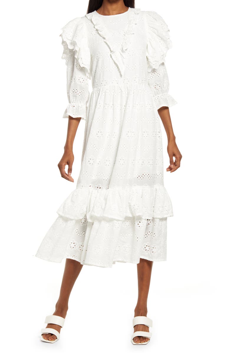 Amy Lynn Puff Sleeve Cotton Eyelet Midi Dress, Main, color, 