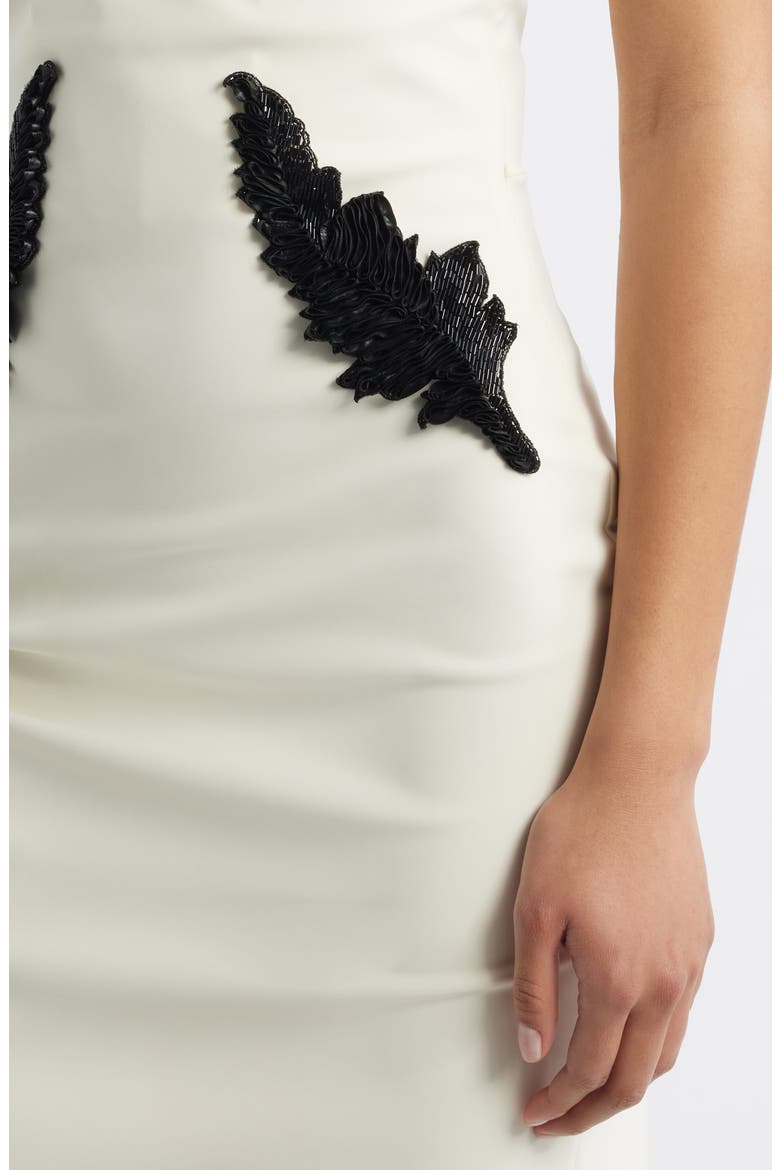 Ordana Feather Detail Strapless Satin Gown, Alternate, color, CREAM